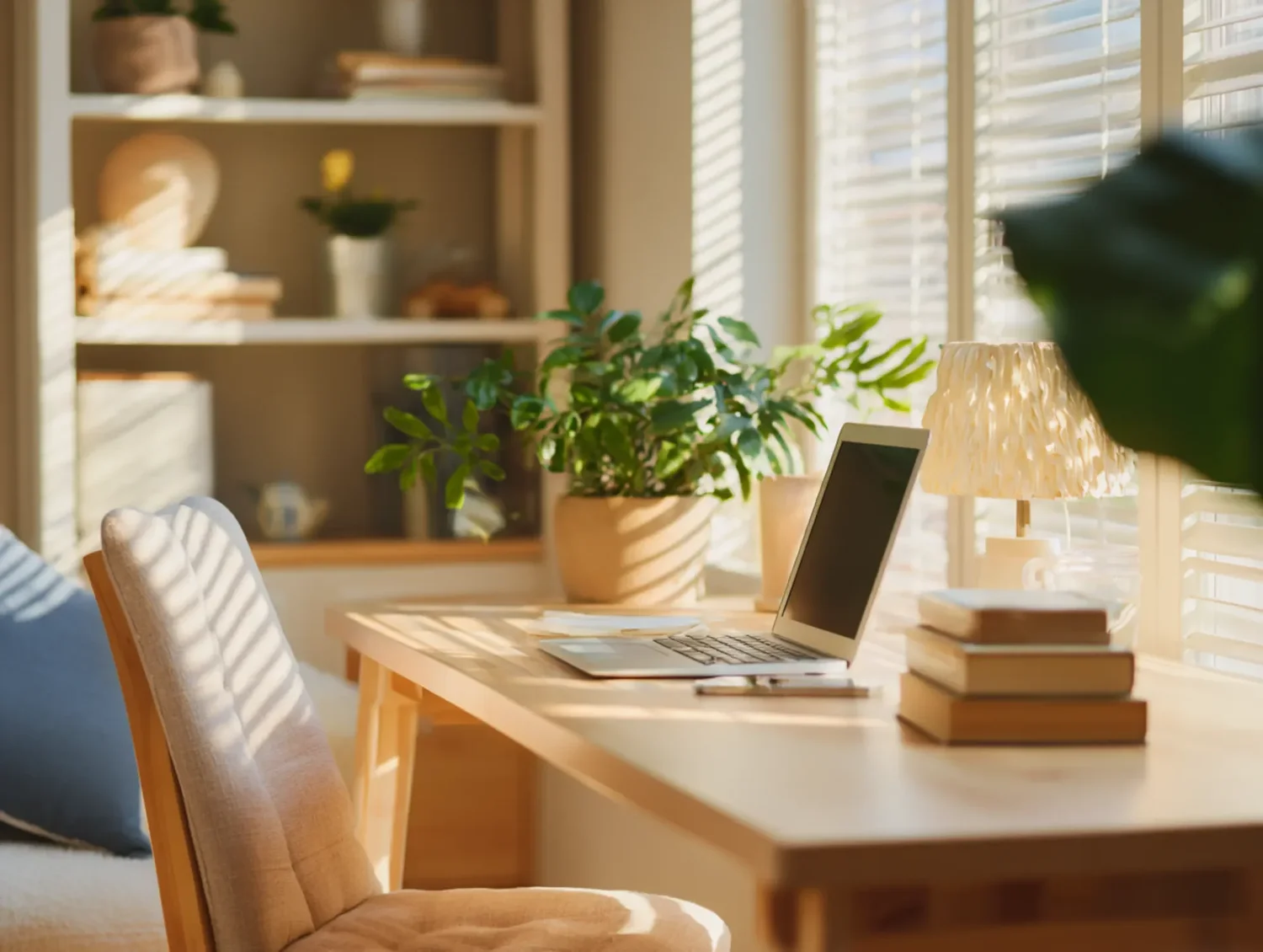 A bright, sunlit workspace with a wooden table, a laptop, a stack of books, plants and a lamp
