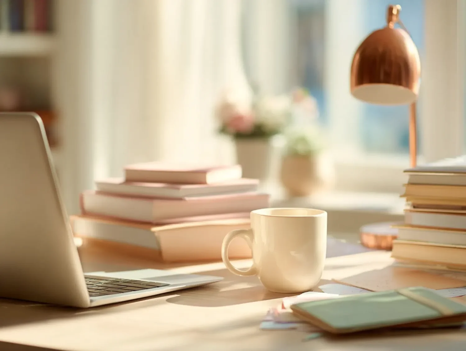 A workspace with a laptop, stacks of pink books, a white mug and a copper desk lamp