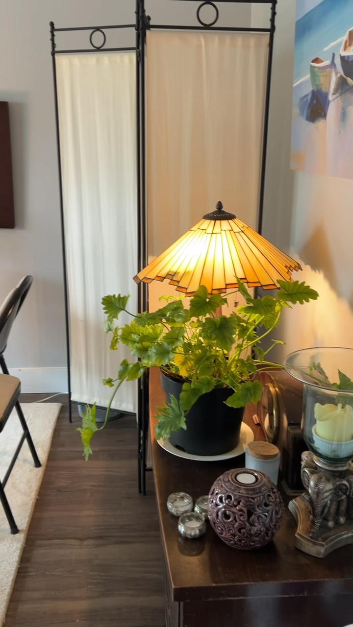 After: A glowing lamp, plant and candles beside a linen screen
