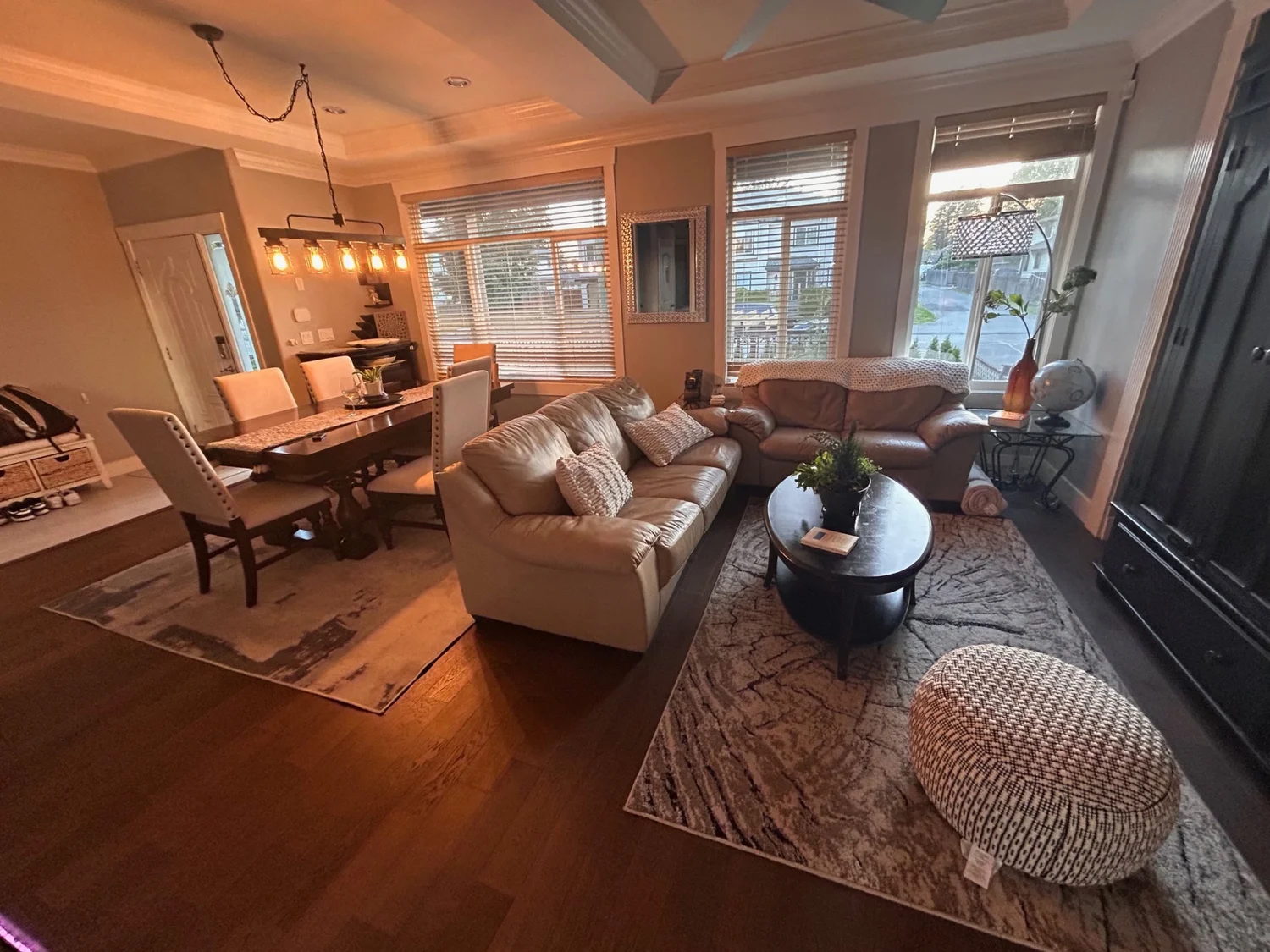 After: the living and dining room, warm and inviting