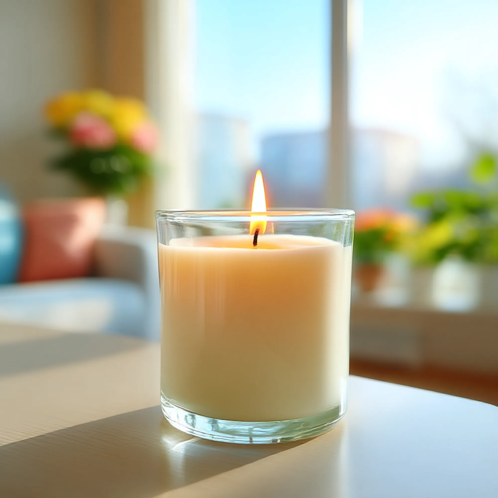 A single lit candle on a side table
