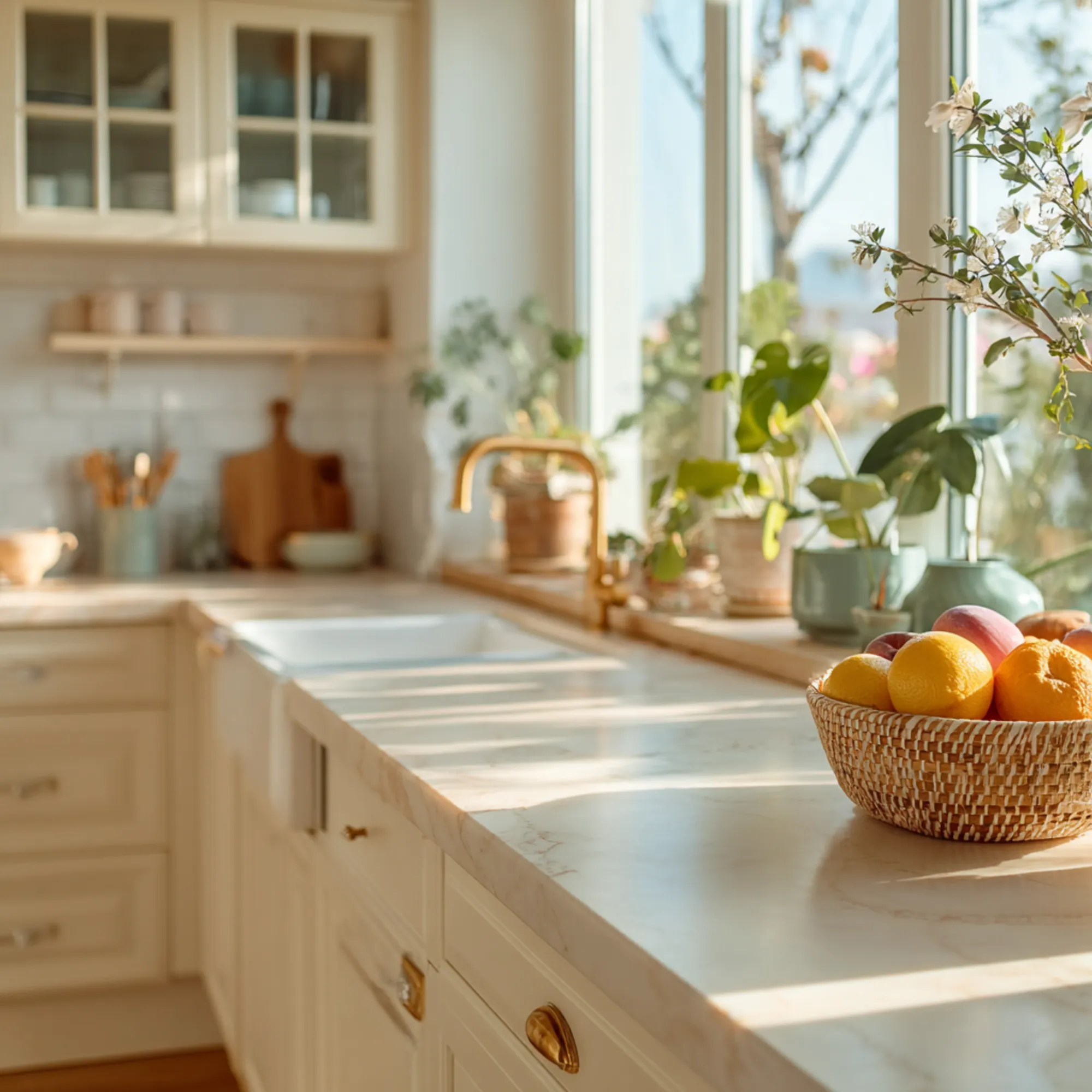 A sunlit kitchen window with a basket of fruit