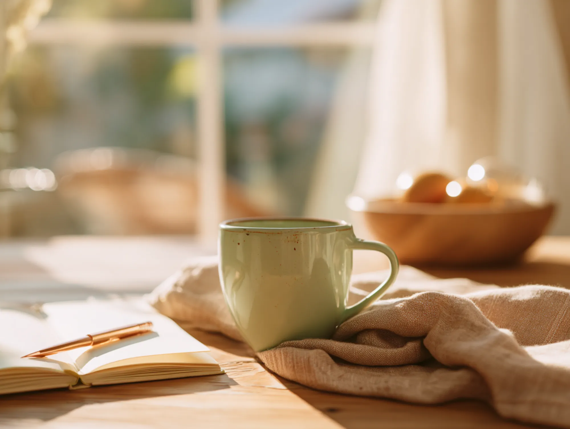 A sage mug on a sunlit table beside a soft linen throw