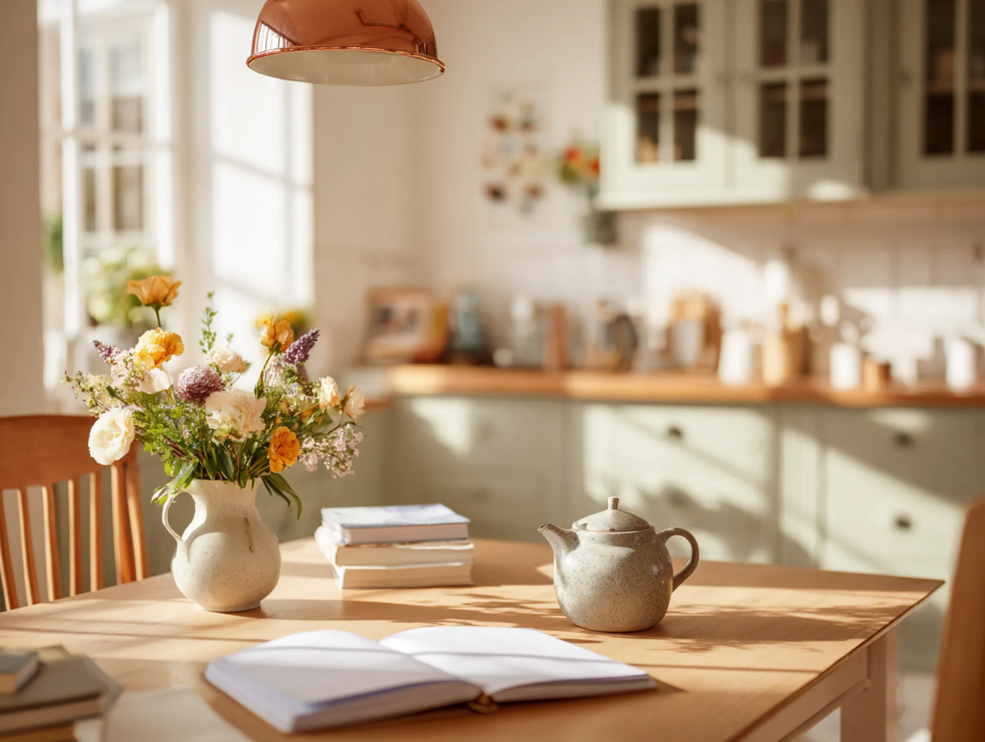 A sunlit kitchen table with wildflowers, a teapot and an open notebook