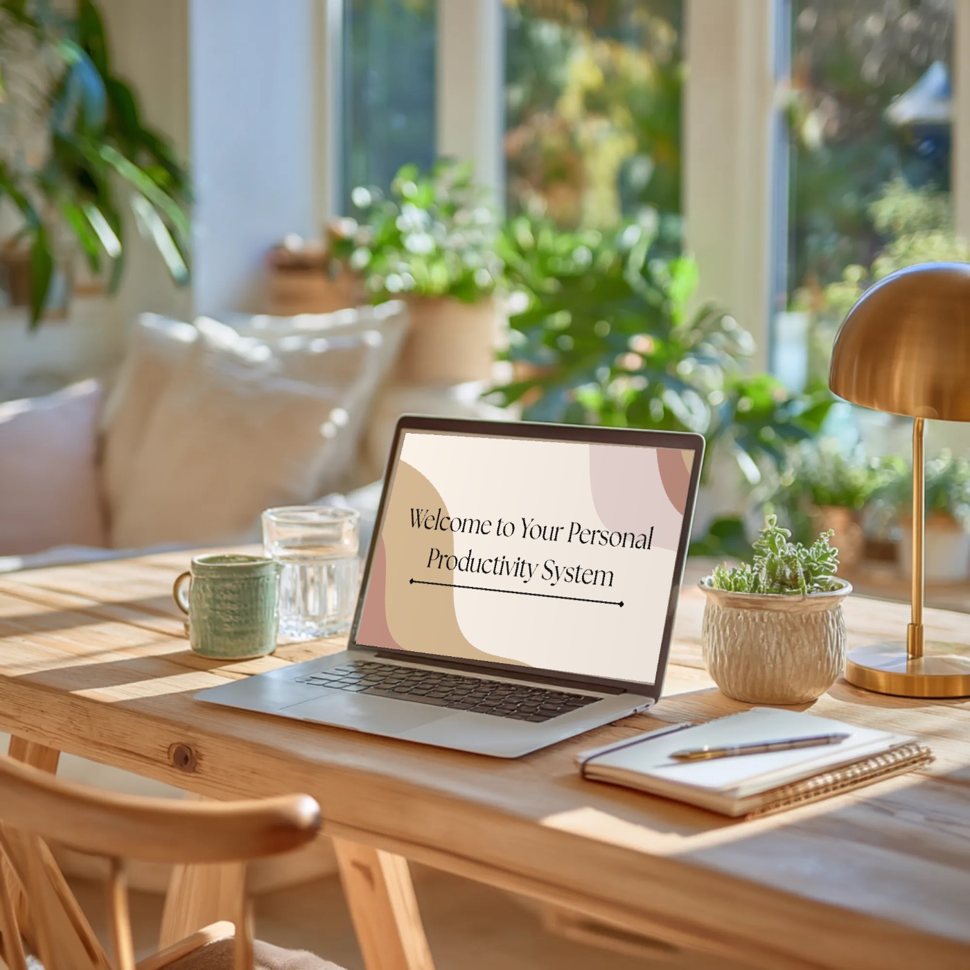 The Personal Productivity System welcome screen on a laptop in a sunlit workspace